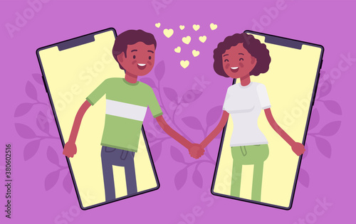 Love and long distance romantic relationship through tablet screen. Young black people communicate by phone calls, smartphone chatting, using online dating apps. Vector flat style cartoon illustration