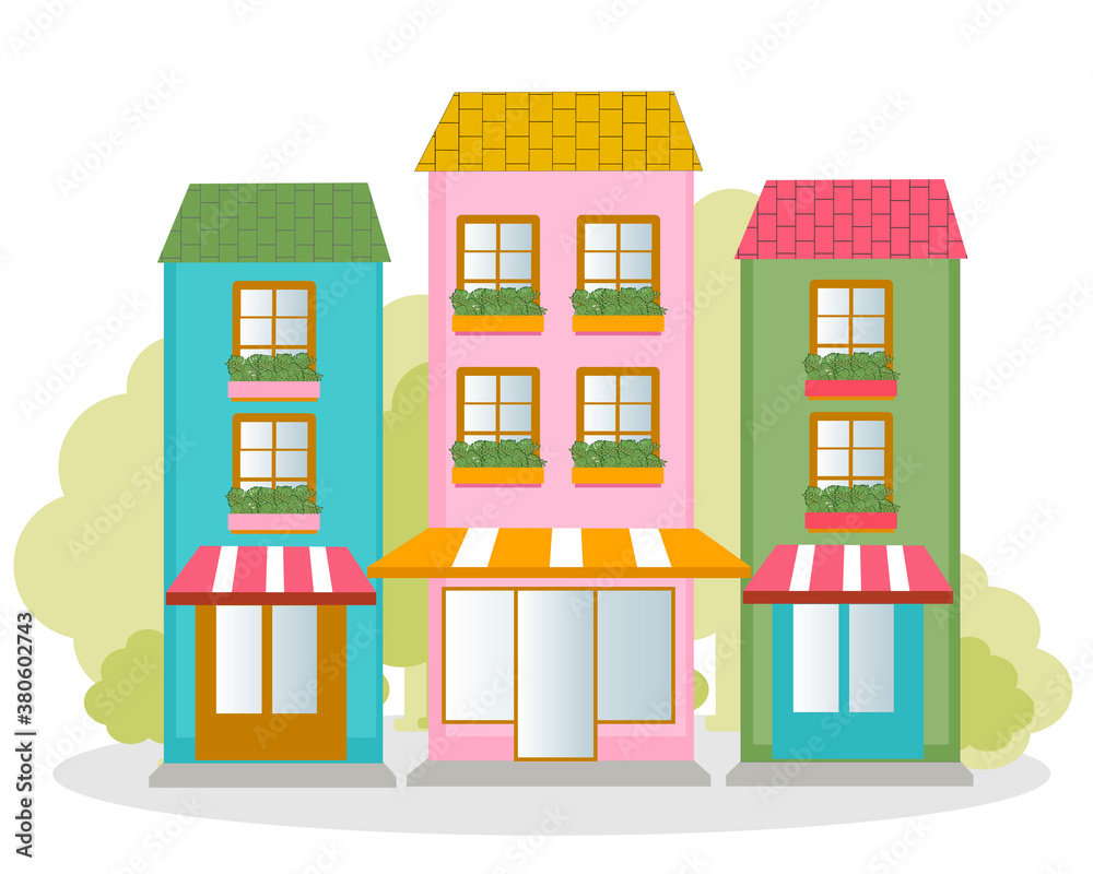 A cute illustrations, a pink cafe house, a street cafe, a blue house with windows and a green house with windows