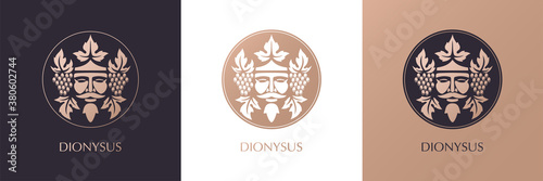 Man face logo with grape berries and leaves. Bacchus or Dionysus. Antique style for winemakers or wines. Vector illustration