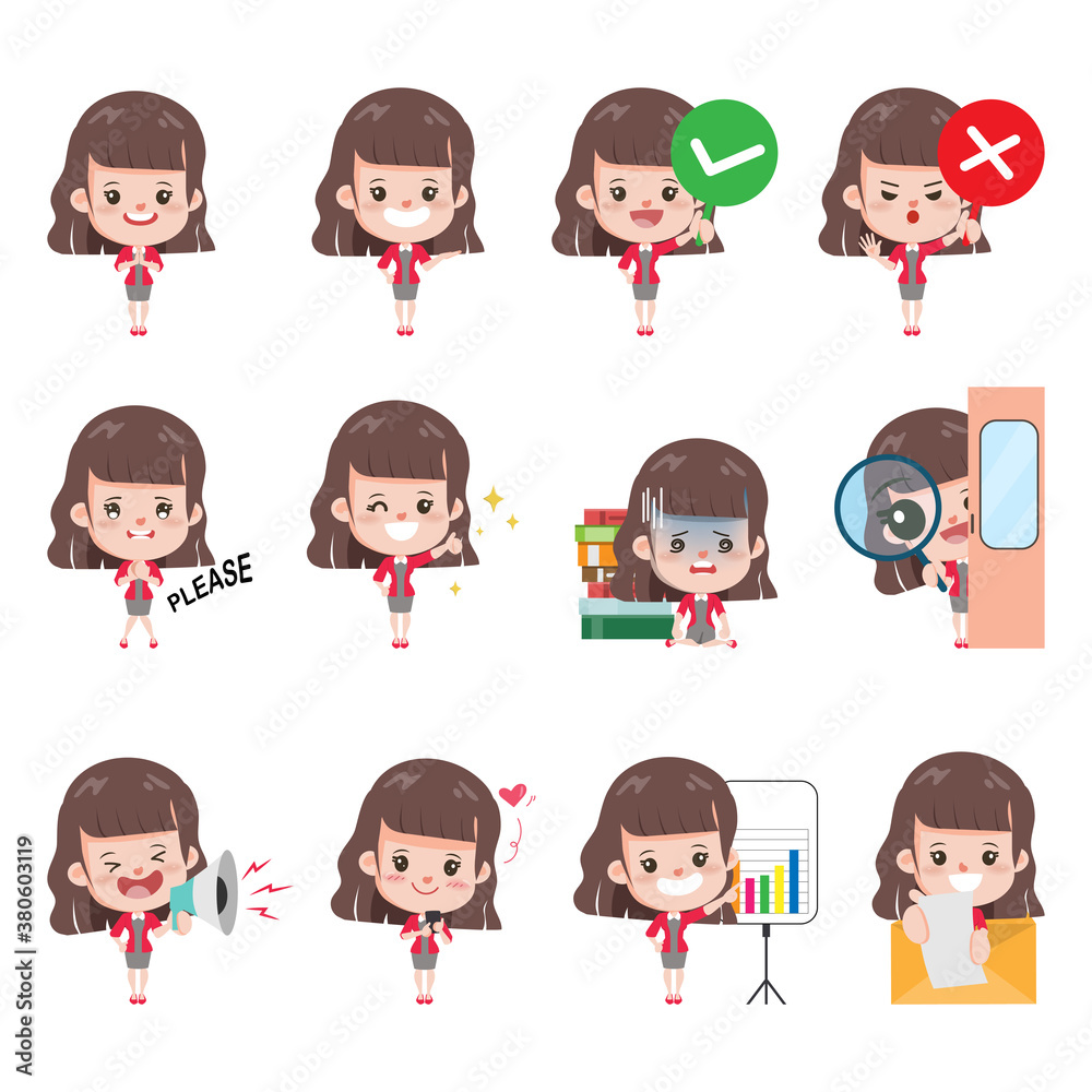 Businesswoman pose set in job occupation office character. Sticker character people element vector design. Businesswoman pose set in job occupation office character. Sticker character people element vector design.