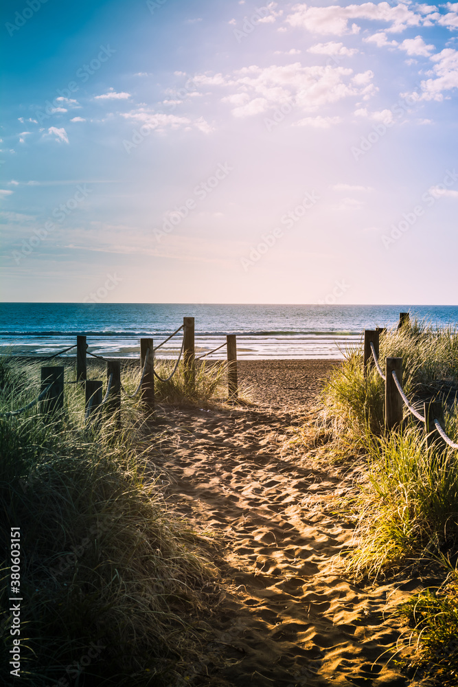 Obraz premium Long evening shadows over sandy pathway with grass reeds and wooden posts on each side leading to a beautiful sea bay