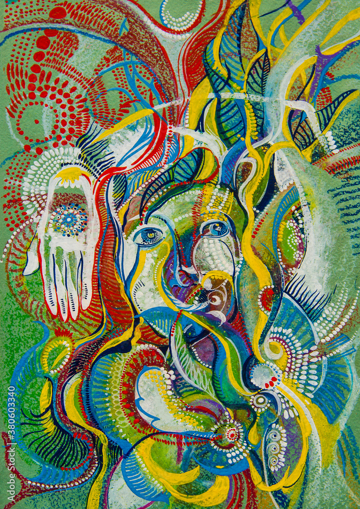 Drawing in gouache, acrylic on green paper.Tribal woman.Colorful bitmap for a poster on the wall. Postcard for esotericism, yoga or psychology.Background image, print on fabric.Texture base.Picture.