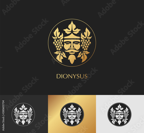 Man face logo with grape berries and leaves. Bacchus or Dionysus. Antique style for winemakers or wines. Vector illustration