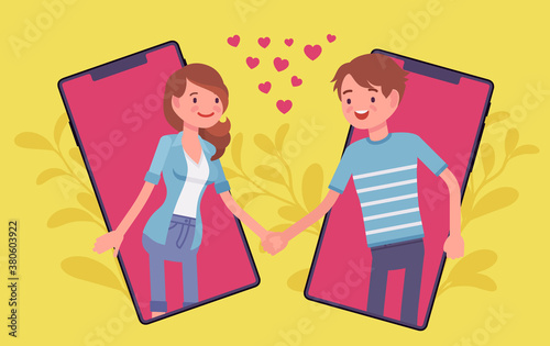 Love and long distance romantic relationship through tablet screen. Young happy people communicate by phone calls, smartphone chatting, using online dating apps. Vector flat style cartoon illustration