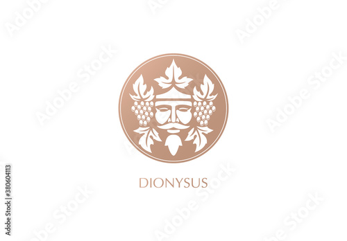 Man face logo with grape berries and leaves. Bacchus or Dionysus. Antique style for winemakers or wines. Vector illustration