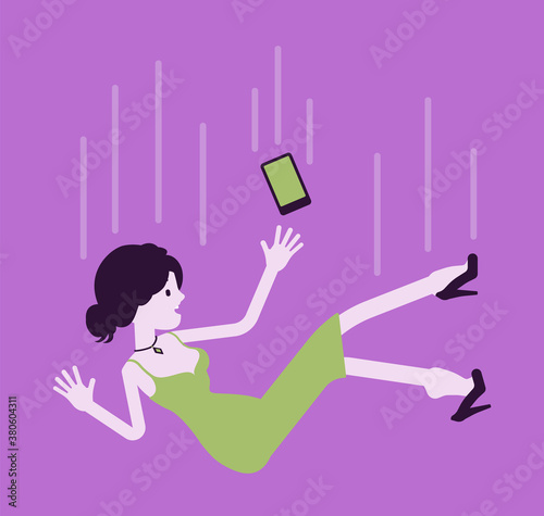Falling down unsuccessful young woman, making mistake or failure. Damage happening or injury situation, unexpected loss, casualty, mishap for beautiful lady. Vector creative stylized illustration