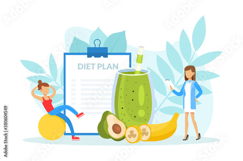 Healthy Nutrition and Dieting, Female Nutritionist Doctor Holding Clipboard with Diet Plan, Weight Loss, Nutrition Consultation Vector Illustration