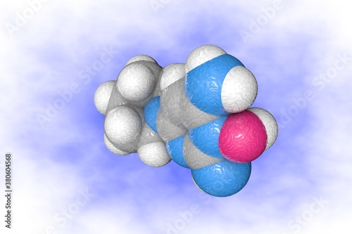 Molecular model of minoxidil. Atoms are represented as spheres with color coding: carbon (grey), oxygen (red), nitrogen (blue), hydrogen (white). Scientific background. 3d illustration photo
