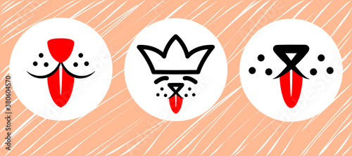 Dog with red tongue logo set. Cute happy pet with smile face line design. Doggy flat abstract element vector. Animal graphic character illustration