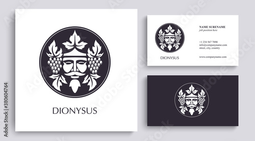 Man face logo with grape berries and leaves. Bacchus or Dionysus. Antique style for winemakers or wines. Vector illustration photo