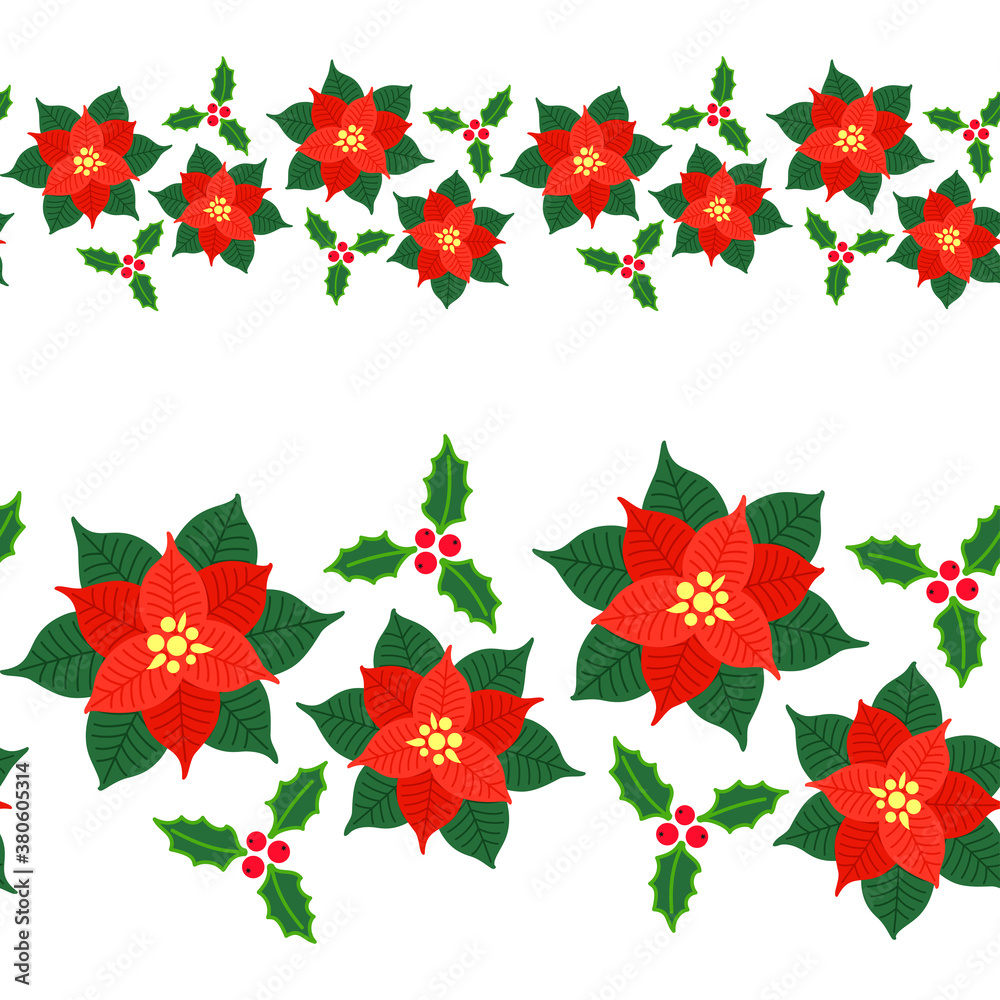 Seamless border with poinsettia, mistletoe and Christmas Holly berries. Vector template, horizontal pattern for holiday greeting card, banner, flyer, festive Christmas design, packaging and wrapper Seamless border with poinsettia, mistletoe and Christmas Holly berries. Vector template, horizontal pattern for holiday greeting card, banner, flyer, festive Christmas design, packaging and wrapper