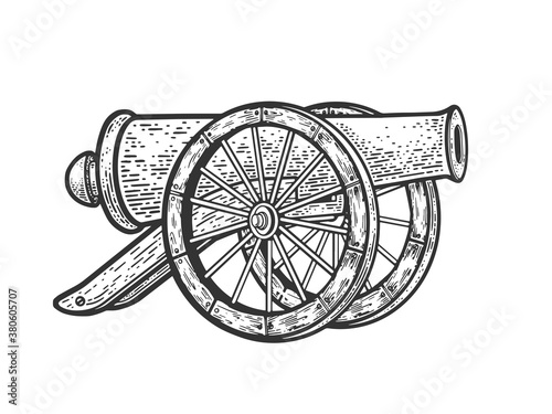 Vintage cannon weapon sketch engraving vector illustration. T-shirt apparel print design. Scratch board imitation. Black and white hand drawn image.