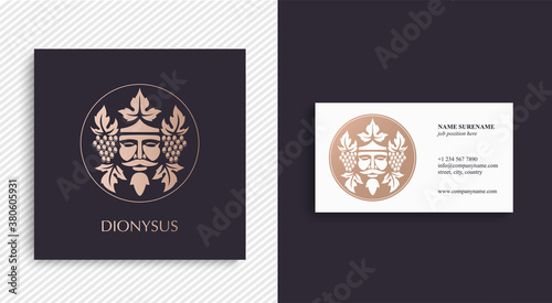 Man face logo with grape berries and leaves. Bacchus or Dionysus. Antique style for winemakers or wines. Vector illustration