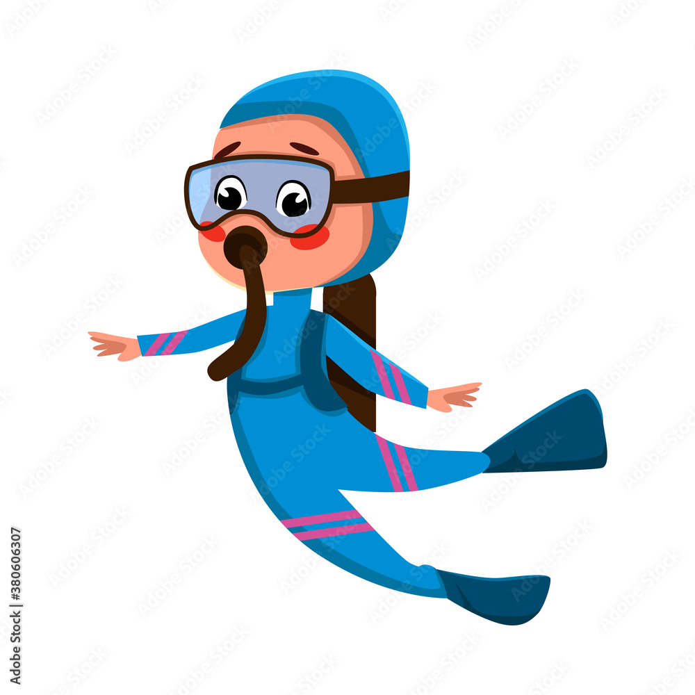 Obraz premium Child Diver Character in Wetsuit, Snorkel Mask and Flippers, Summer Water Sport, Kids Hobby Concept Cartoon Style Vector Illustration