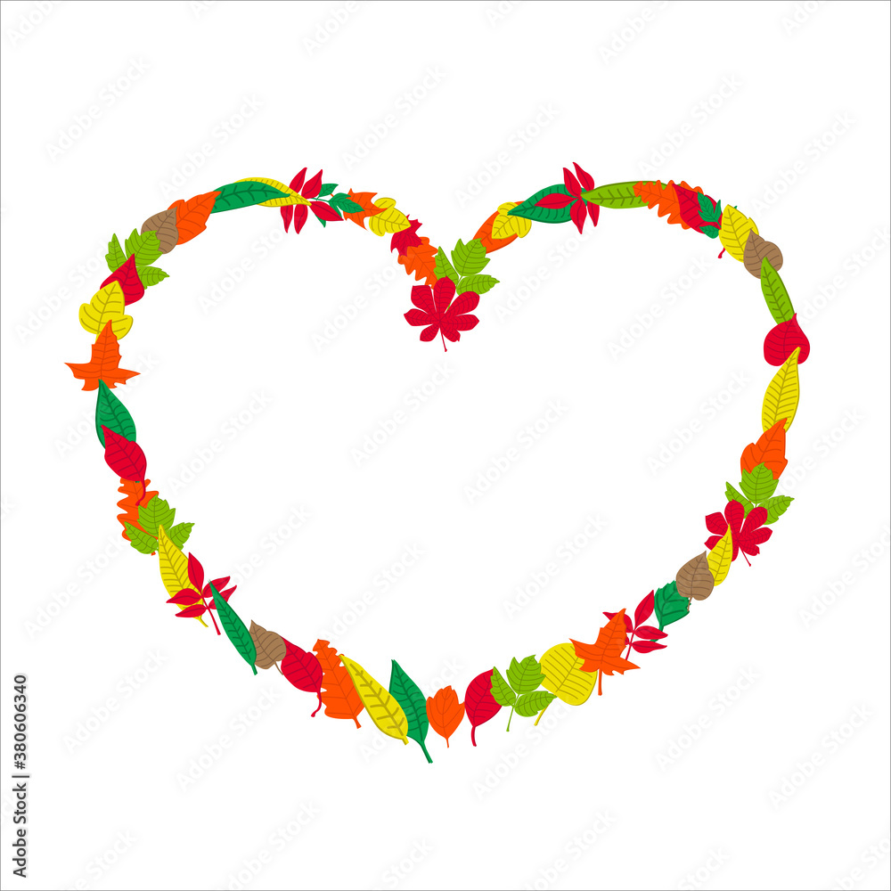 Colorful autumn leaves frame in the shape of a heart. Vector illustration on white background. Colorful autumn leaves frame in the shape of a heart. Vector illustration on white background.