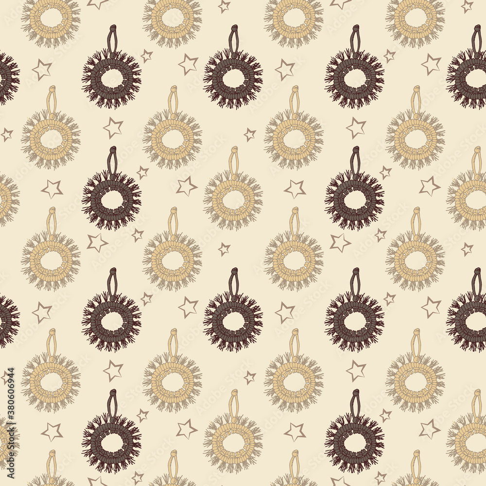 Seamless vector pattern from doodle elements of weaving Christmas toys macrame and trendy interior in boho, folk style. Background for printing on fabric, paper, etc.