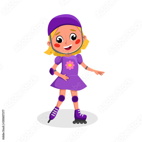 Cute Child Roller Skating, Active Healthy Lifestyle Concept Cartoon Style Vector Illustration