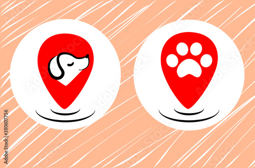 Flat pets gps logo design. Dog map marker vector. Animal walking takes care with location position. Navigation sign for pet web app. Cute happy puppy