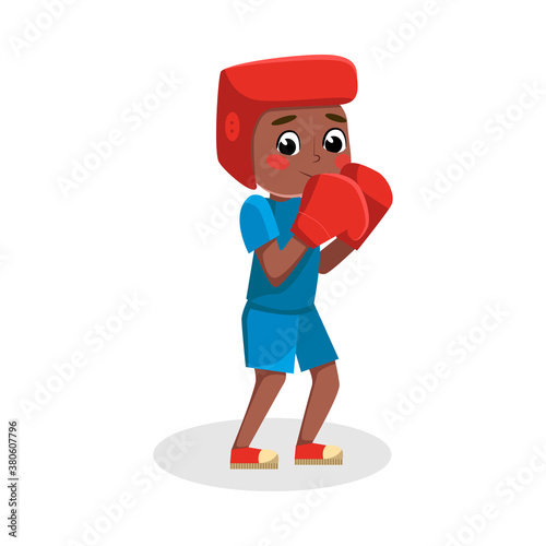 Boy Athlete Practicing Box, Kid in Sports Uniform Doing Physical Exercise, Active Healthy Lifestyle Concept Cartoon Style Vector Illustration