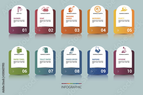 Infographic Hygiene template. Icons in different colors. Include Shower, Soap, Washing Hands, Microbes and others.