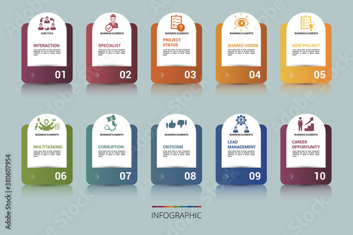 Infographic Management template. Icons in different colors. Include Lead Management, Criticism, Specialist, Interaction and others.