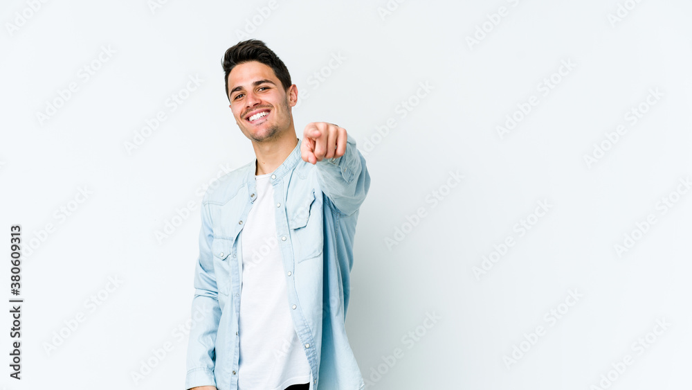 Young caucasian man isolated on white background cheerful smiles pointing to front. Young caucasian man isolated on white background cheerful smiles pointing to front.