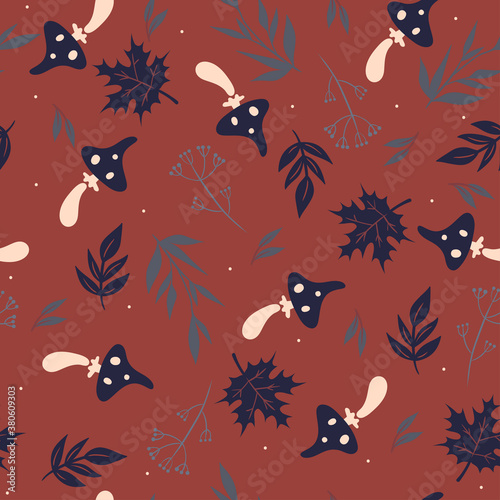 Seamless pattern with amanita and leaves. Vector graphics.