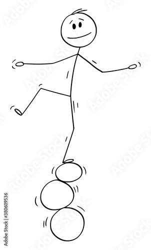 Vector cartoon stick figure drawing conceptual illustration of man or businessman balancing on three rings, balls or stones.