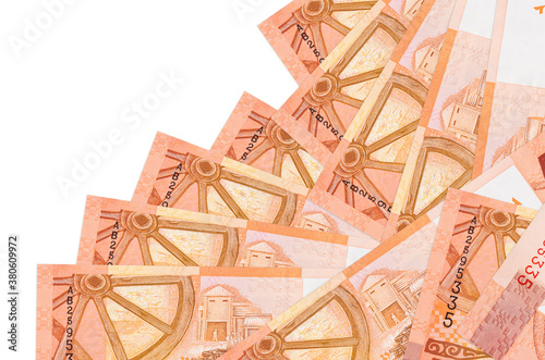 5 Belorussian rubles bills lies in different order isolated on white. Local banking or money making concept photo