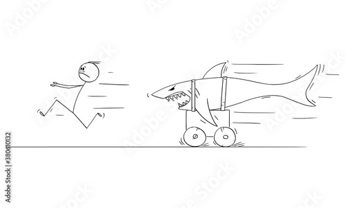Vector cartoon stick figure drawing conceptual illustration of man running in fear or panic from dangerous shark riding on land on cart.