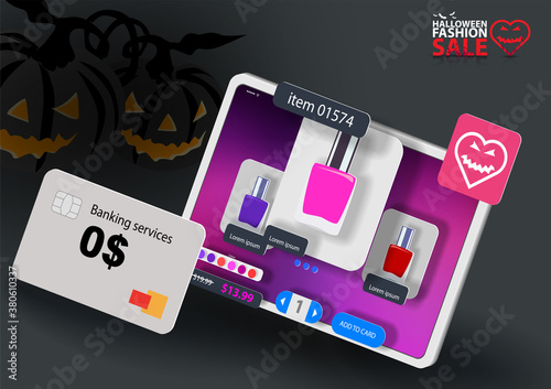 Interface of an online store selling cosmetics on the screen of a digital tablet for Halloween