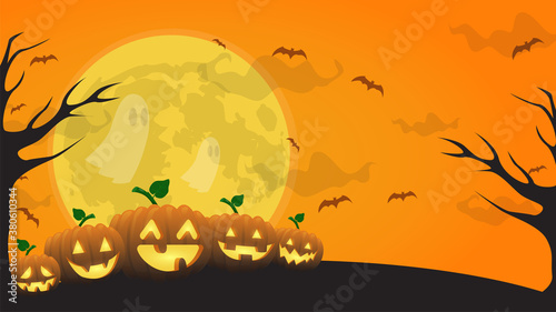 halloween pumpkins and ghost under big moon, can be used for banner background halloween holiday, vector illustration