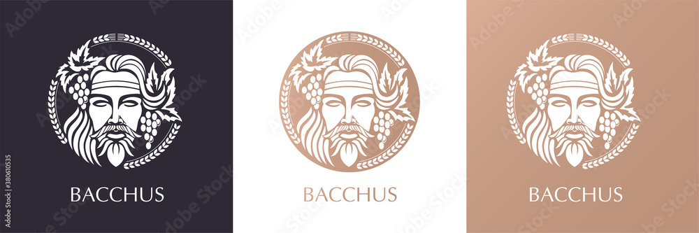 Man face logo with grape berries and leaves. Bacchus or Dionysus. A style for winemakers or brewers.