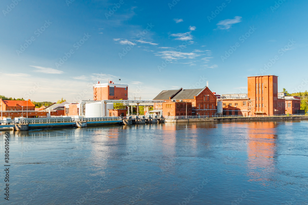 Kouvola, Finland - 15 September 2020: Old red brick buildings of Upm factory in Kuusankoski.