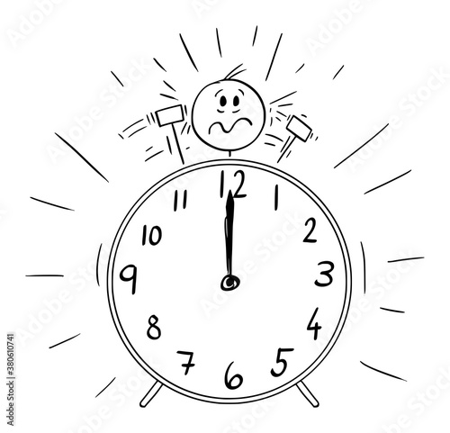 Vector cartoon stick figure drawing conceptual illustration of frustrated or stressed man or businessman. His head is as the bell of ringing alarm clock. Hammers are hitting or beating him. Wake up or