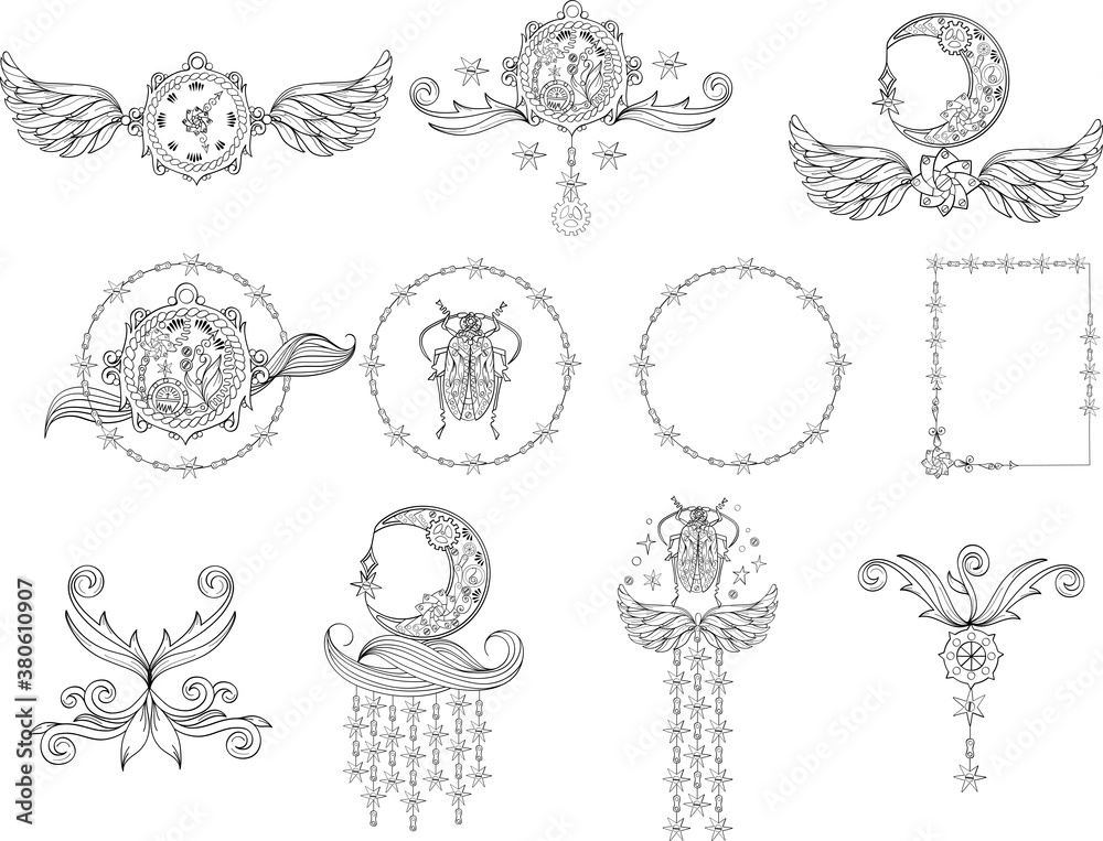 Linear Set of steampunk composition in black. Vector outline drawing with moon, clockwork, bug, frame, gear, wing. Vintage mechanical template for stationery, poster, invitation in industrial style