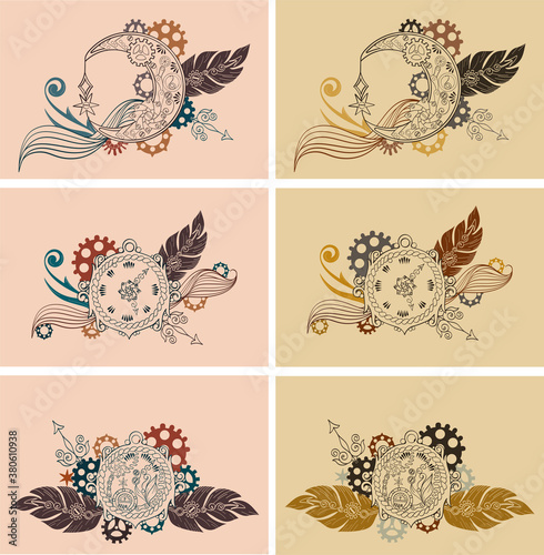 Wallpaper Mural Set of steampunk composition in brown tone, yellow color. Collage line drawing with feather, clock, moon, arrow. Modern mechanical template for surface design textile, poster in industrial style Torontodigital.ca