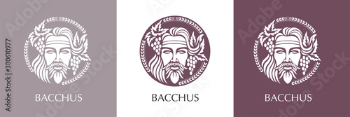 Man face logo with grape berries and leaves. Bacchus or Dionysus. A style for winemakers or brewers.
