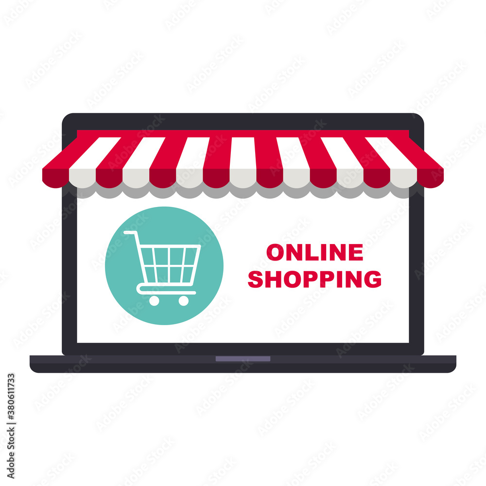 Online shop, web store concept. Laptop computer with awning. Isolated on white background. Flat design.  - obrazy, fototapety, plakaty 