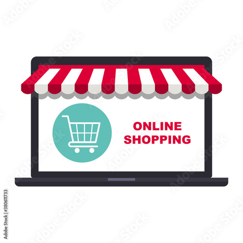 Online shop, web store concept. Laptop computer with awning. Isolated on white background. Flat design. 