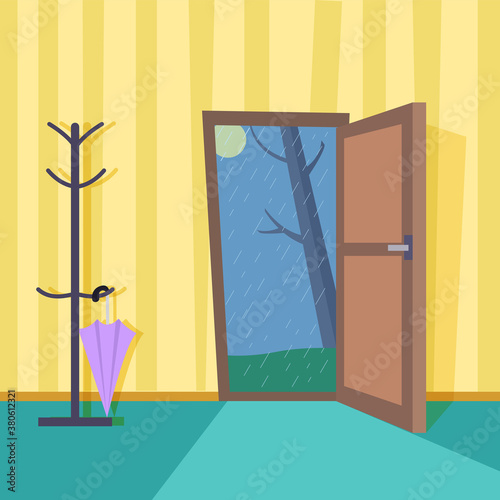 Hallway interior in flat cartoon style with open door overlooking summer rainy landscape with tree. Floor Hanger with umbrella.