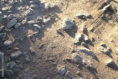 stones on the ground near the road lit by the sun