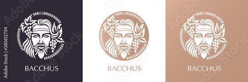 Man face logo with grape berries and leaves. Bacchus or Dionysus. A style for winemakers or brewers. photo