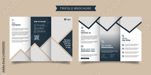 Travel business trifold brochure template. Modern, Creative and Professional tri fold brochure vector design. Simple and minimalist promotion layout.