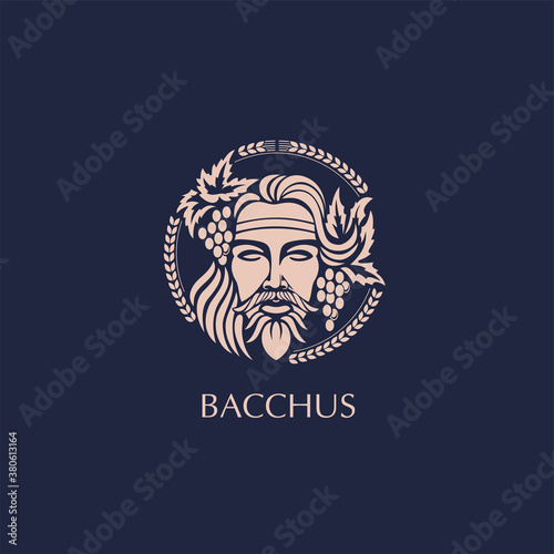 Man face logo with grape berries and leaves. Bacchus or Dionysus. A style for winemakers or brewers.