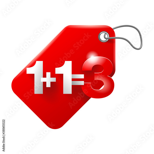 1 plus 1 is 3 badge for special offer -  Buy two and get Three in 3D rope tag form - isolated vector element