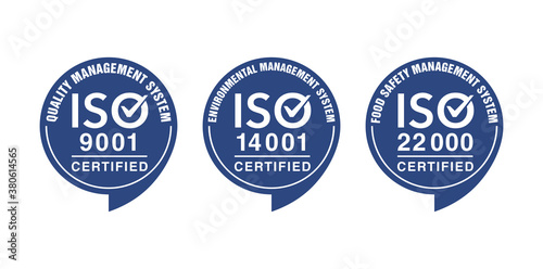 ISO 9001, 14001 and 22000 certified stamp set - quality management system international standard emblems - isolated vector sign