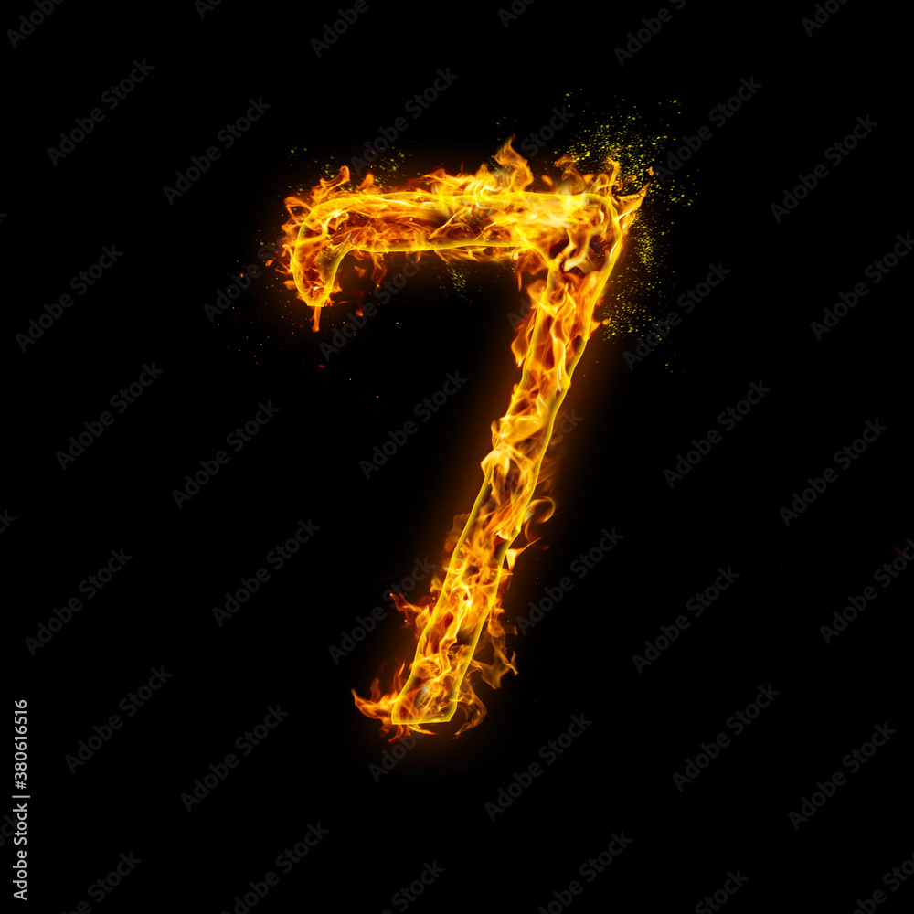 Number 7. Fire flames on black isolated background, realistick fire effect with sparks. Part of alphabet set Number 7. Fire flames on black isolated background, realistick fire effect with sparks. Part of alphabet set