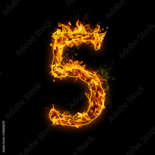 Number 5. Fire flames on black isolated background, realistick fire effect with sparks. Part of alphabet set