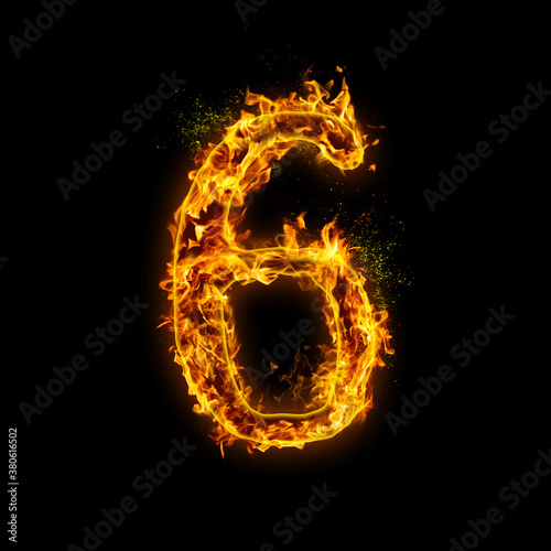 Number 6. Fire flames on black isolated background, realistick fire effect with sparks. Part of alphabet set
